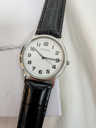 Attitude Analog Silver with Black Leather Strap Watch