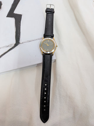 Script Quartz Gold-Silver Round with Black Leather Strap Watch