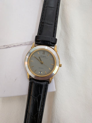 Script Quartz Gold-Silver Round with Black Leather Strap Watch