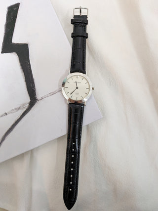 Carlo Cardini Analog Platinum Diamond Silver with Leather Strap Watch