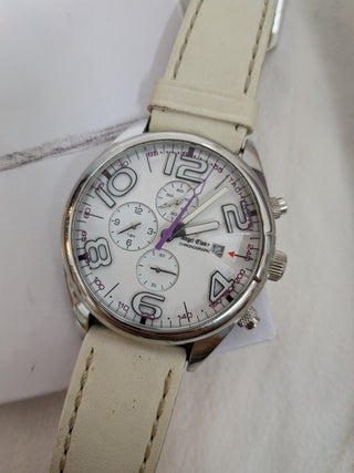 Angel Clover Analog Chronograph Silver Round Stainless Steel with White Leather Strap Watch