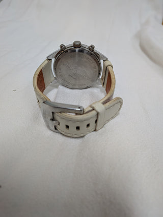 Angel Clover Analog Chronograph Silver Round Stainless Steel with White Leather Strap Watch